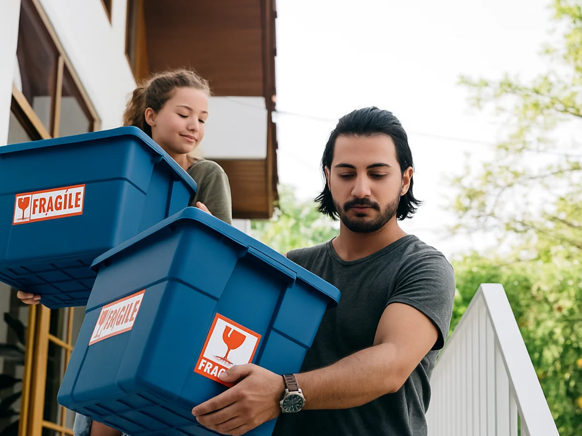 A man and a girl carrying plastic bins labeled FRAGILE