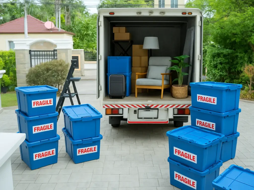 plastic bins labeled fragile are placed beside a moving truck